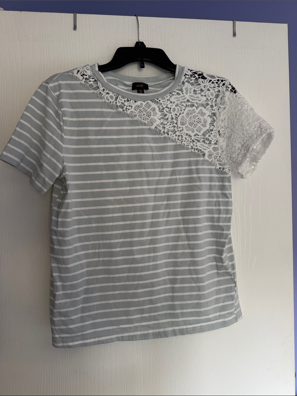 Lace Accent Striped Tee - Light Blue/White
